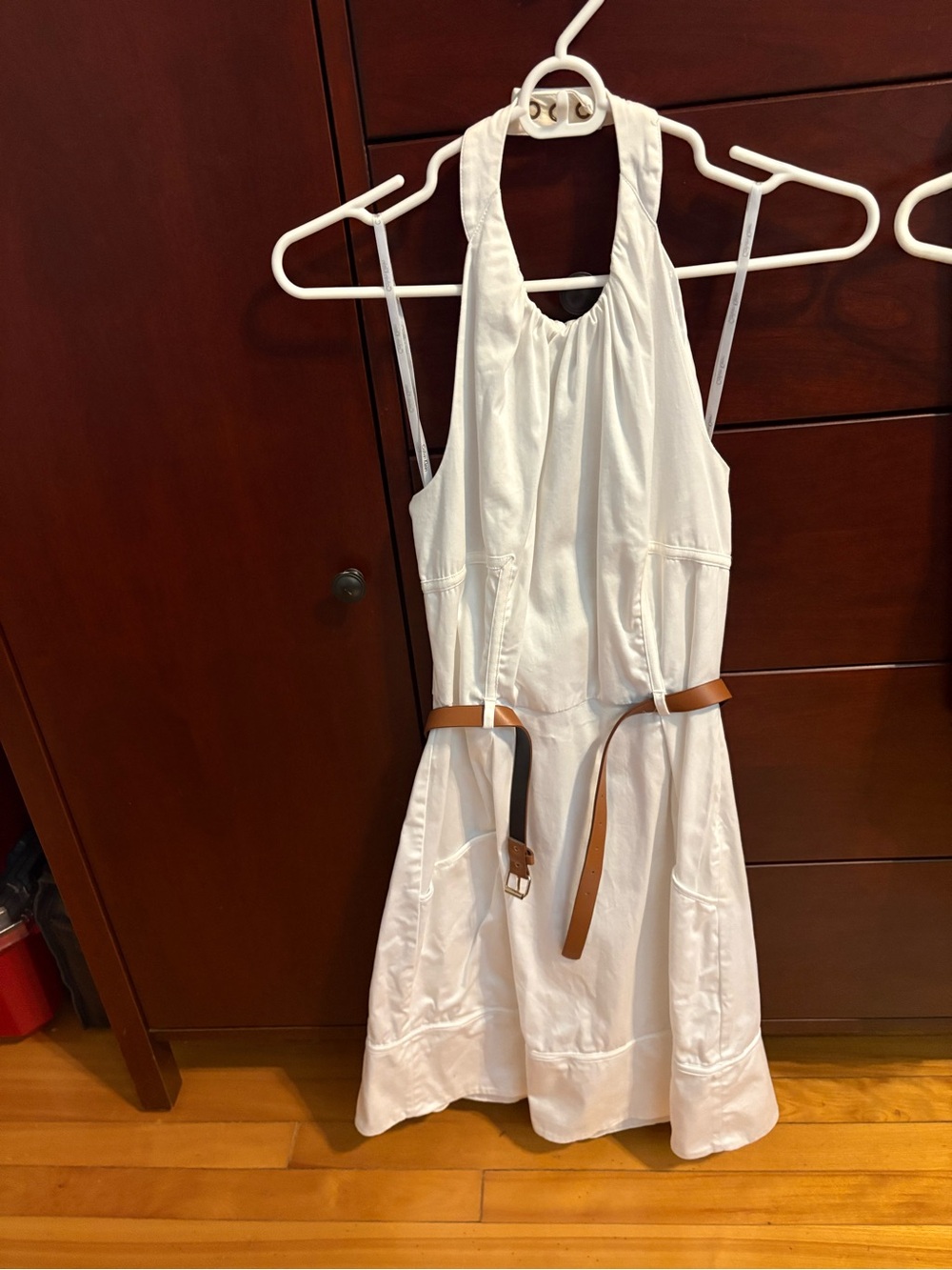 Calvin Klein White Halter Summer Dress with Brown Belt